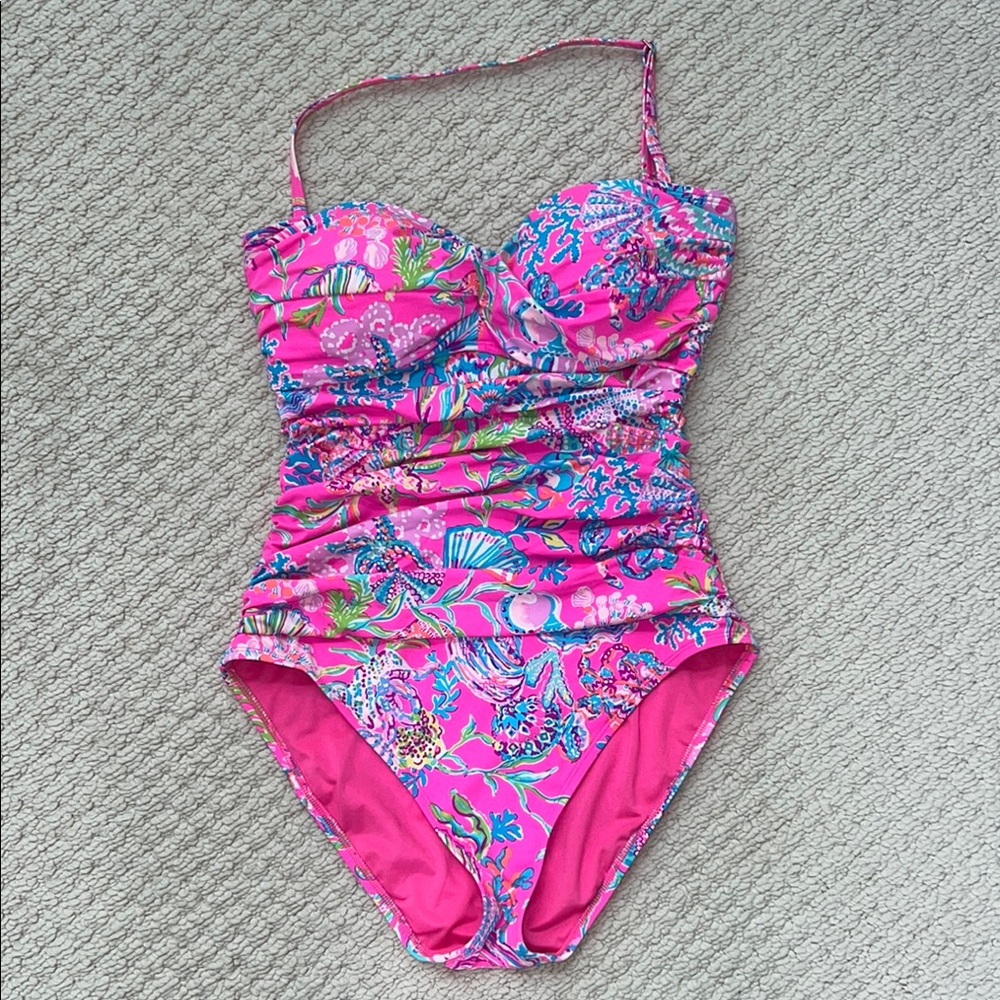 Lilly Pulitzer Pink and Blue One Piece Swimsuit with Sweetheart Neckline
